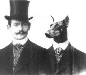 Karl Dobermann i dress og flosshatt samt en Dobermann hund i dress